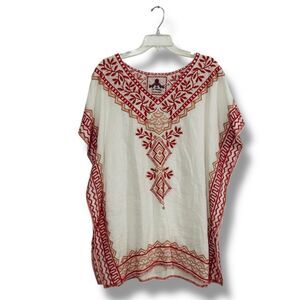 Johnny Was Embroidered Kimono Womens M White Pink Red Floral Boho Resort Top